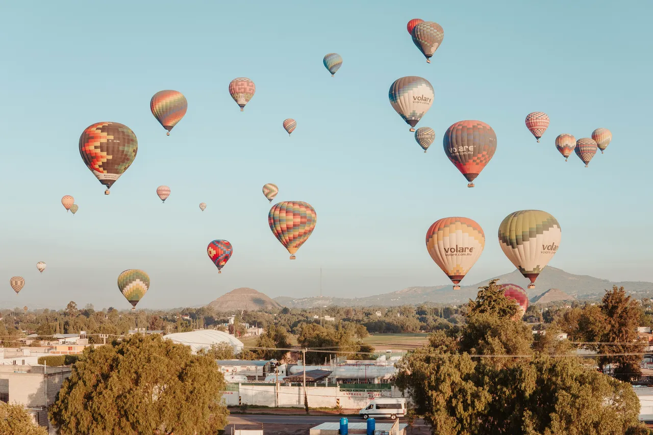View from inside the hot air balloon basket over Teotihuacan