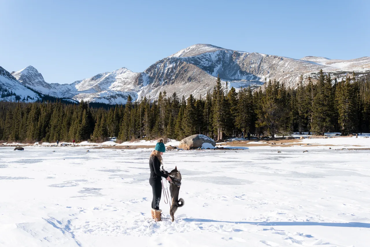 a girl and her dog in the snow