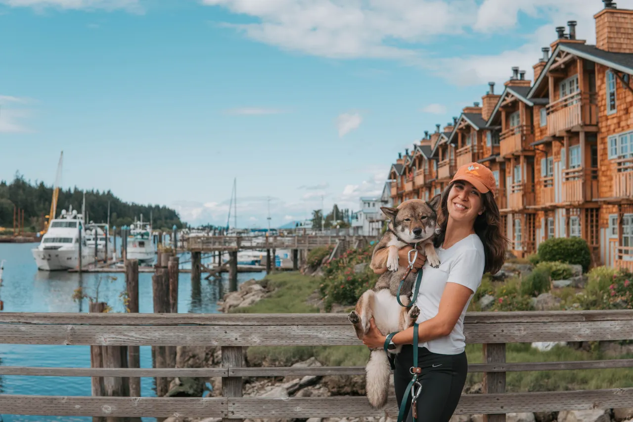 Woman in white shirt and orange cap holds a dog by a marina. Wooden buildings line the background under a clear blue sky in La Conner Town Washington.