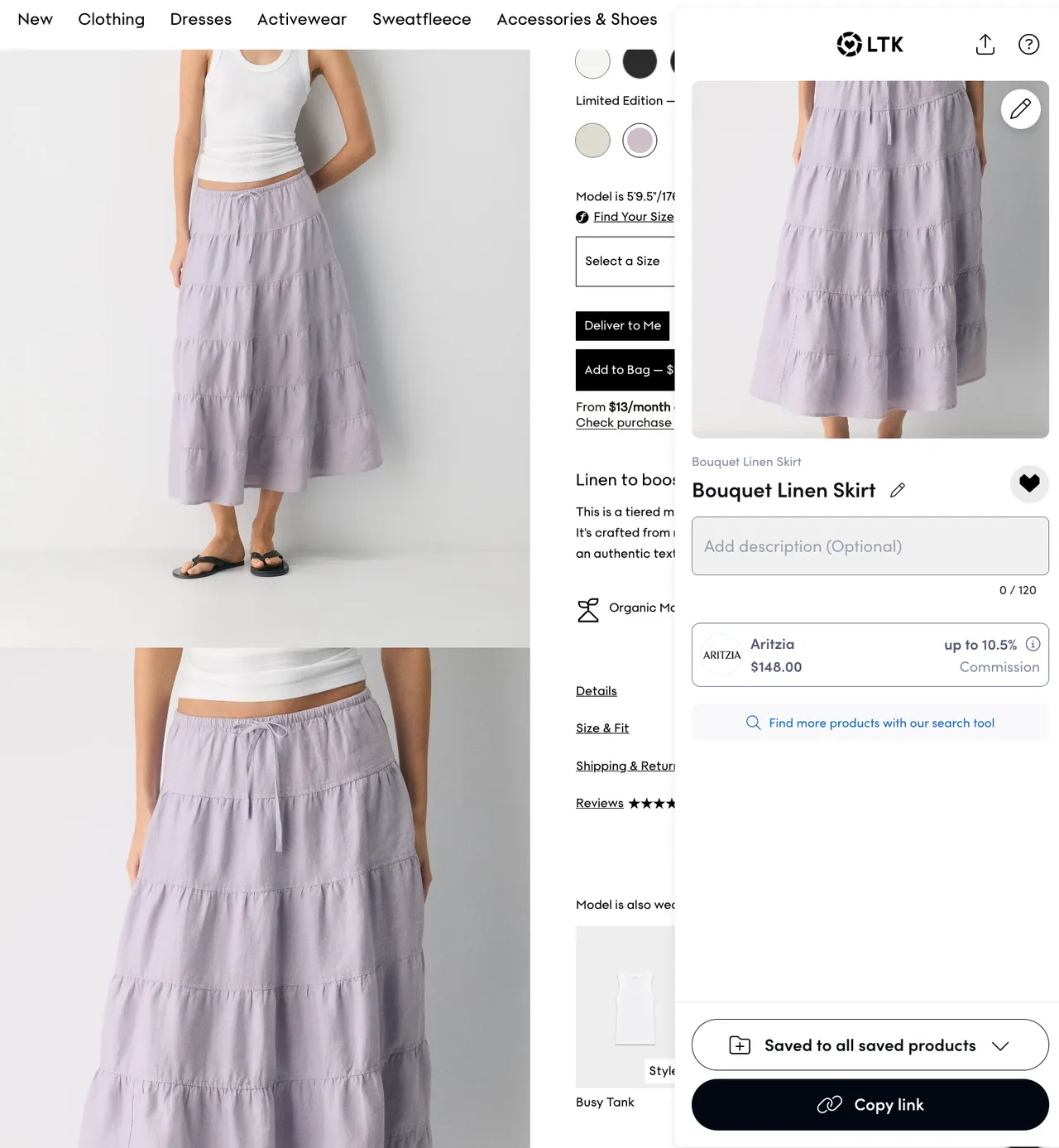 LTK Chrome extension generating an affiliate link for an Aritzia product