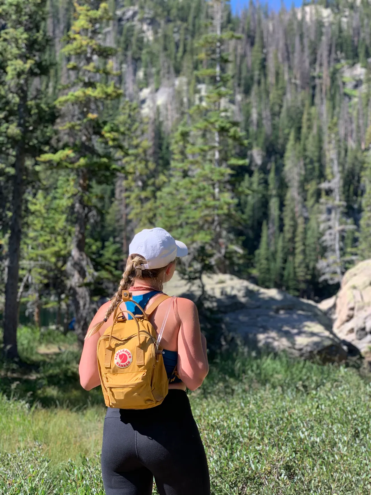 Looking out at the forest with a Fjallraven backpack on an early Colorado hike, summer 2020
