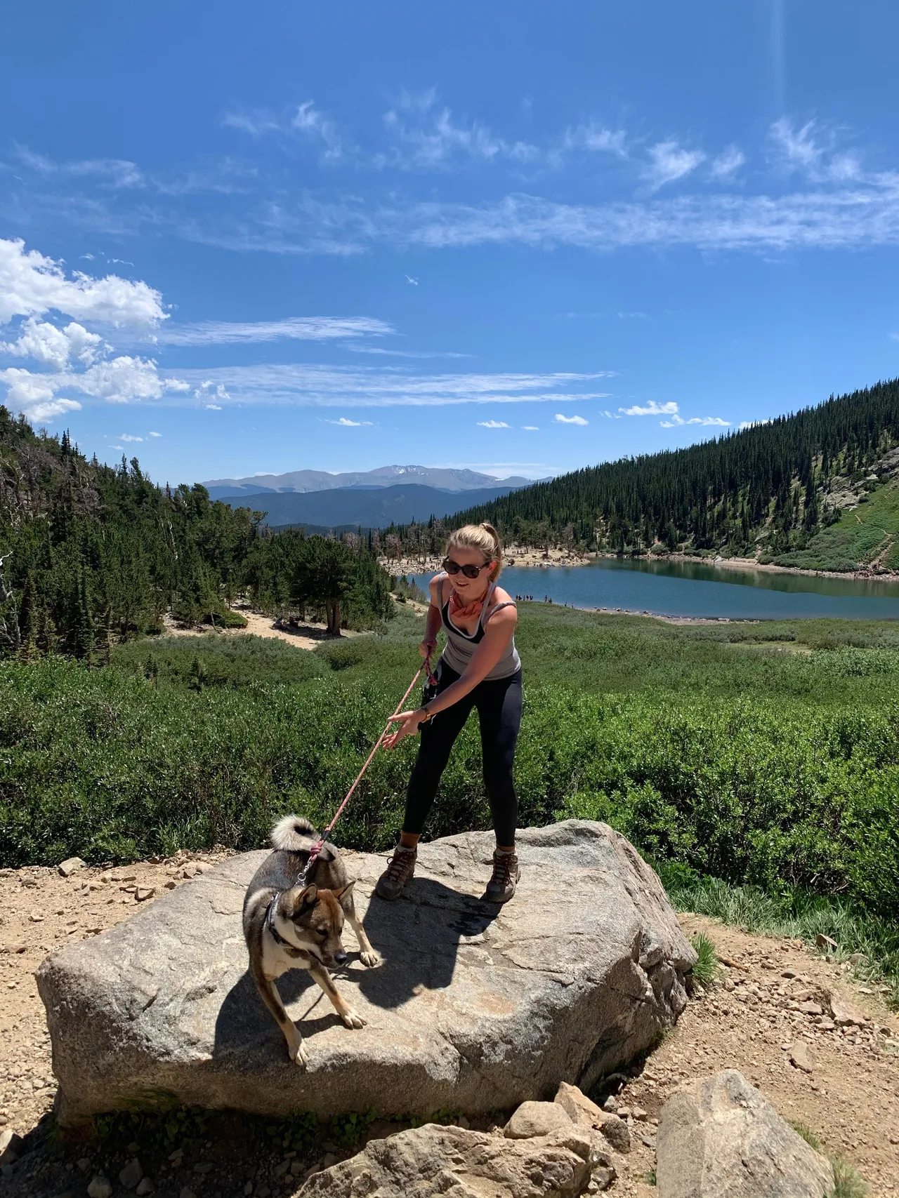 Hiking with Sora on a rocky trail in the Colorado mountains, summer 2020