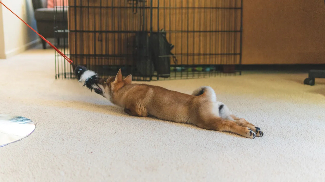 A dog, lying on beige carpet, pulls on a red toy in a cozy room with a dog crate. The scene is playful and relaxed.