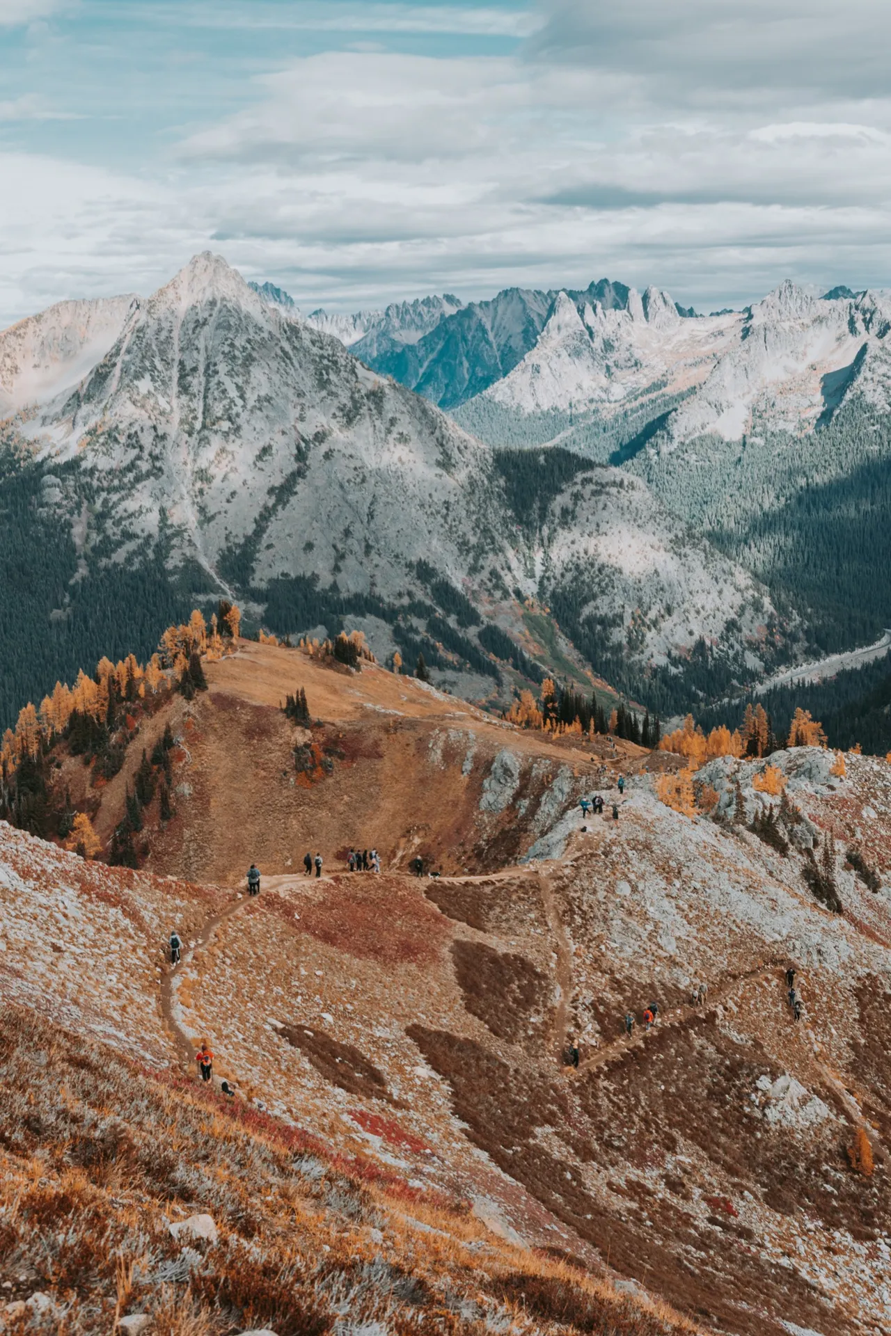Switchbacks winding down a fall-colored ridge beneath the North Cascades peaks