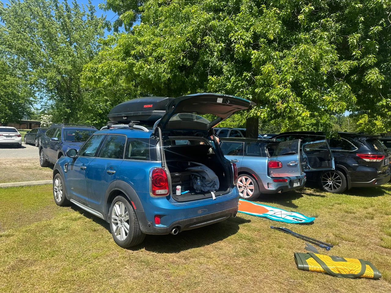 MINI Cooper Countryman loaded with paddleboard SUP gear at a Washington lake
