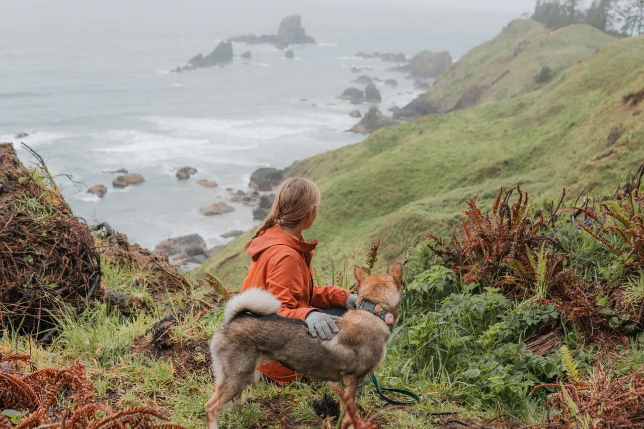 Sitting with Sora on Cannon Beach with Haystack Rock in the fog, Oregon