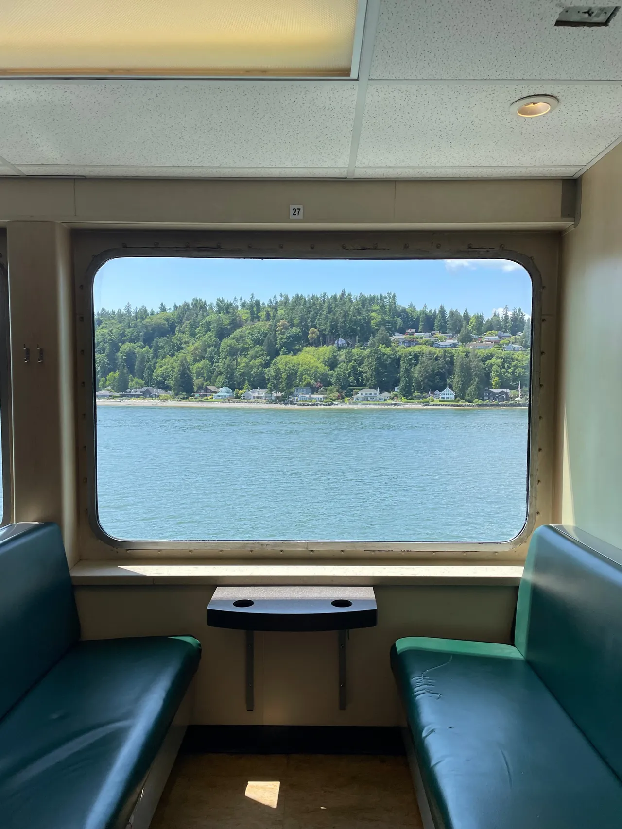 View of a forested island through the window of a Washington State ferry