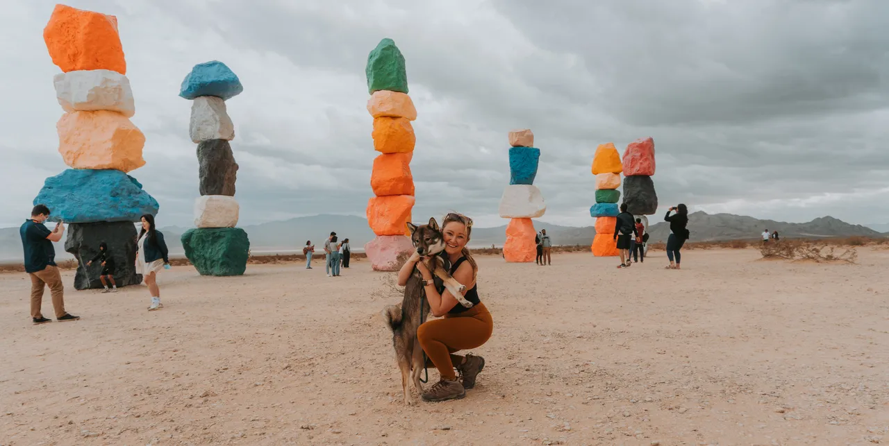 Sora and I at Seven Magic Mountains, the colorful rock sculpture installation outside Las Vegas