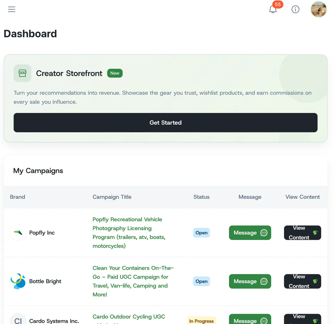 Popfly dashboard showing active UGC campaigns from brands like Bottle Bright and Cardo Systems
