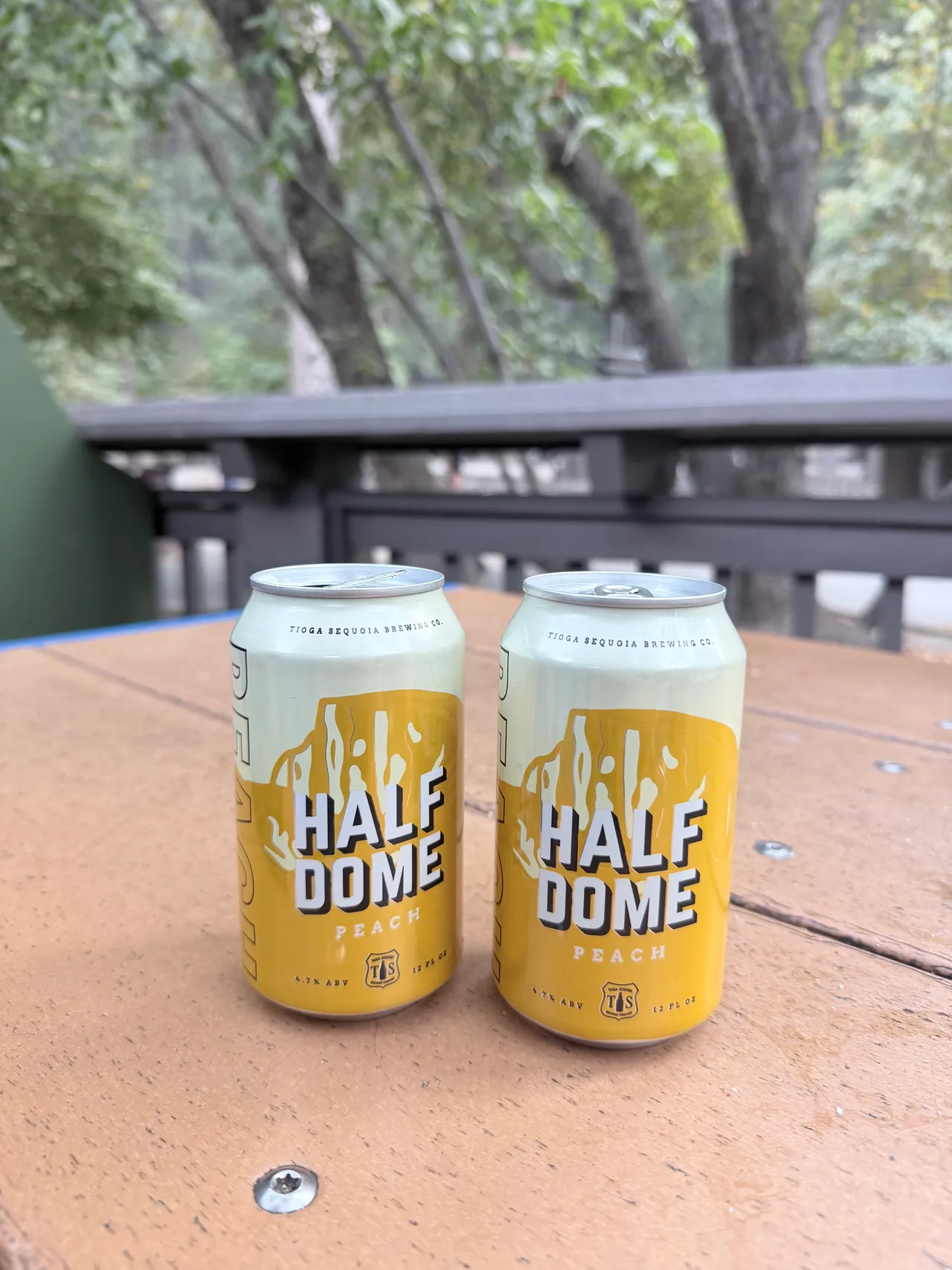 Two cans of Half Dome Peach beer on an outdoor table at Curry Village