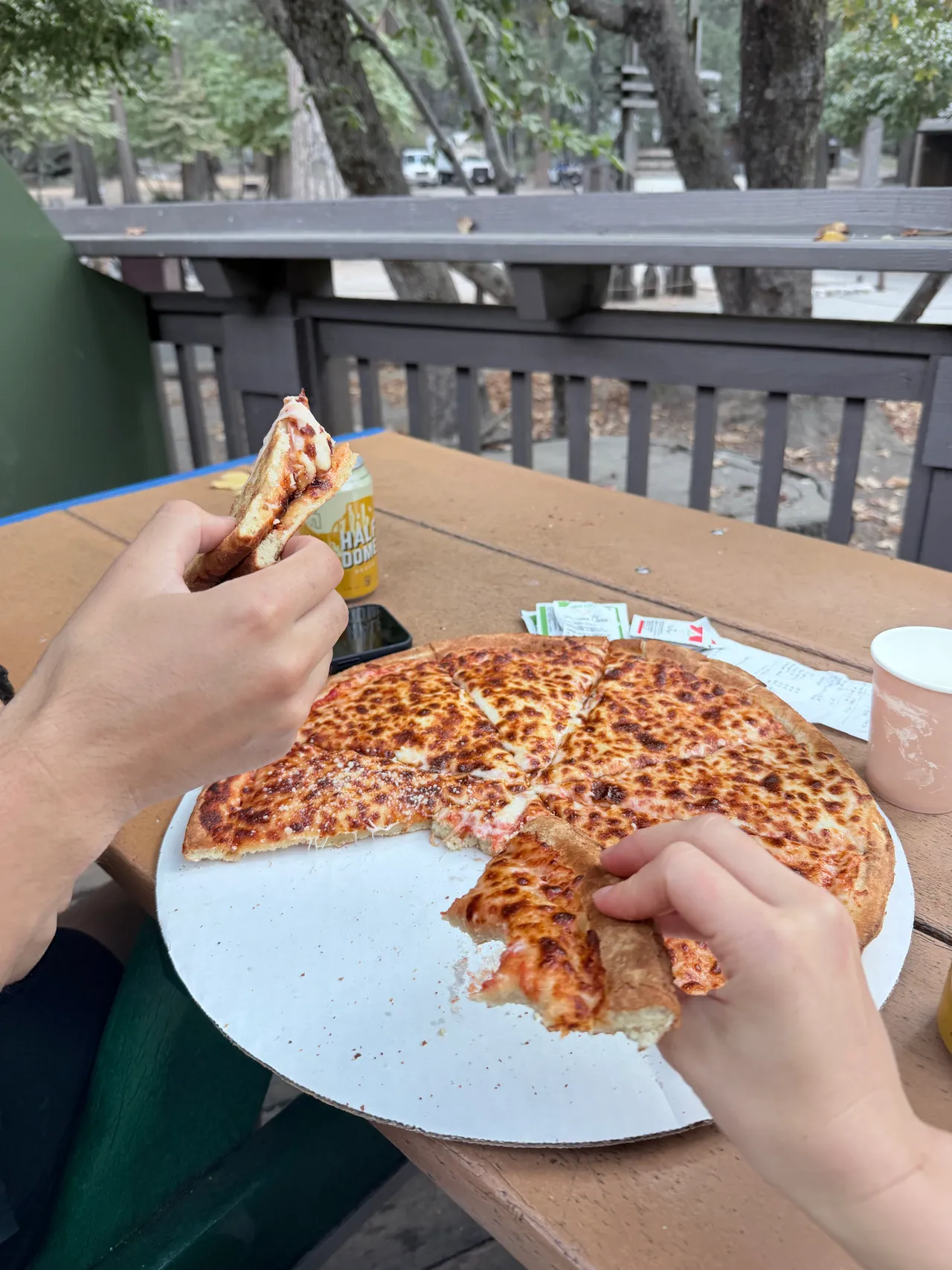 Pizza on the table at Curry Village after the Half Dome hike